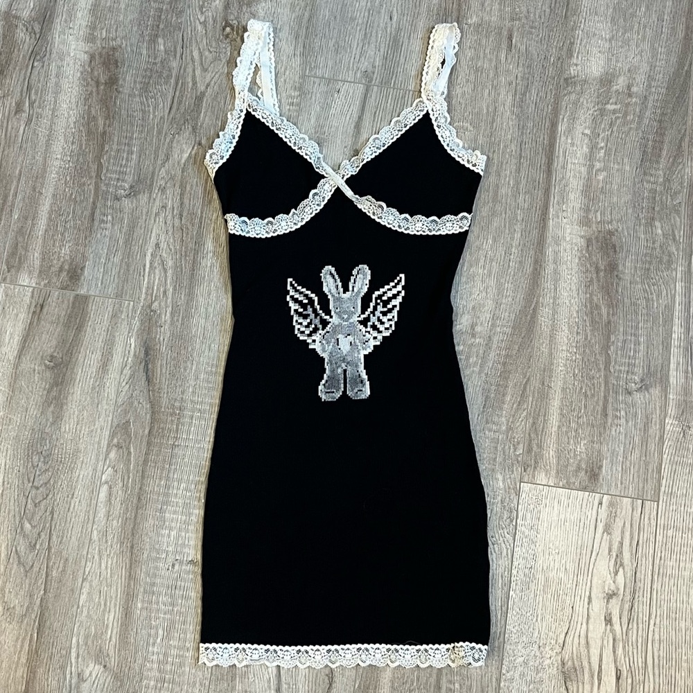 grunge vibe garage bodycon dress with lace detail and screenprint